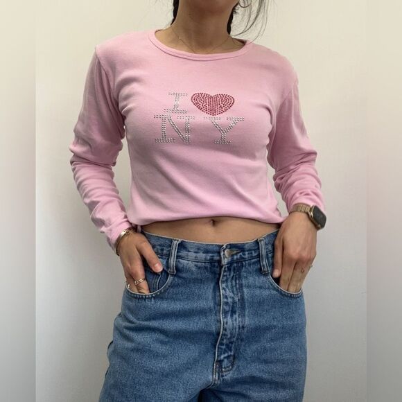 Y2K Pink Crew Neck “I ❤️ NY” Jewel Embellished Long Sleeve Tee Size L - Picture 2 of 8